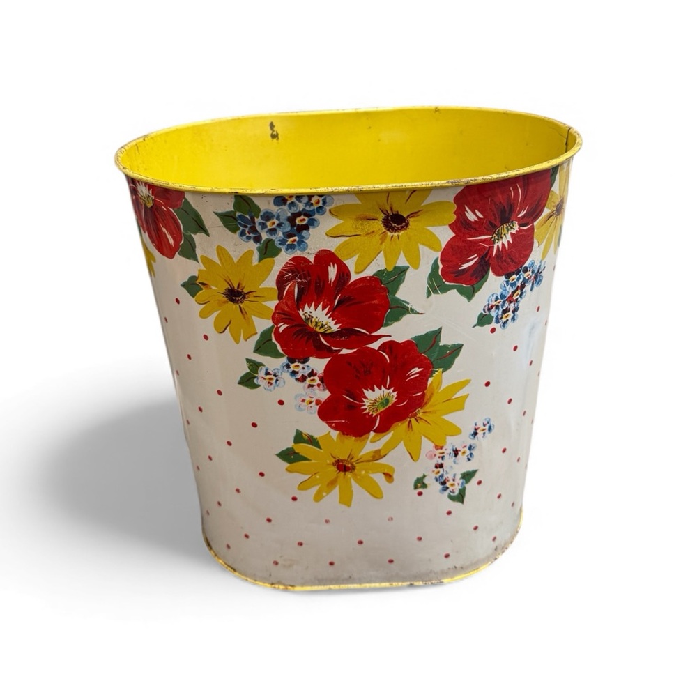 1950's Retro N.C. Color Ware Yellow & White Floral Metal Waste Bin - Picture 17 of 17